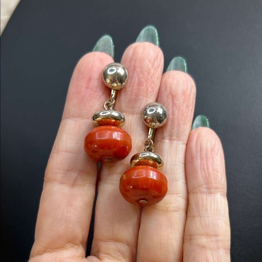 Les Bernard Vintage Silver and Orange Drop Clip On Earrings